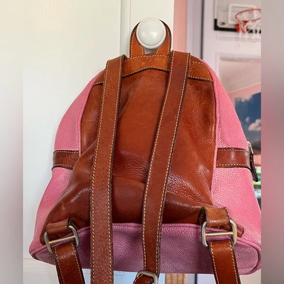 Pink leather backpack with brown accents by Bric’s. American Leather Co. Raffia Cleveland Backpack - QVC.com main image 4